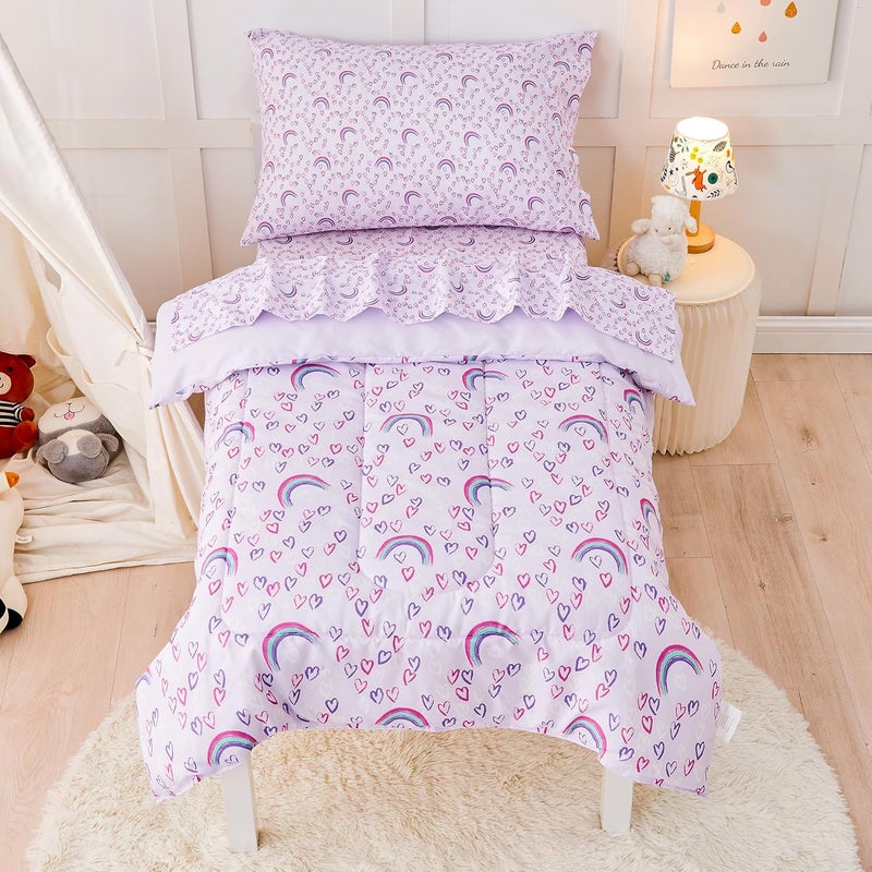 lasoftan Toddler Bedding Set for Girls, 4 Piece Bed-in-a-Bag Toddler Comforter Sets, Super Soft and Comfortable Microfiber Toddler Bed Set, Rainbow Printed - Image 1